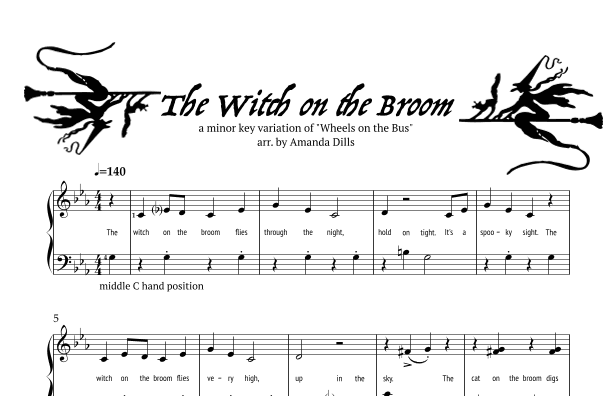 The Witch on the Broom (a Halloween variation of Wheels on the Bus for Easy Piano) (arr. Amanda Dills)