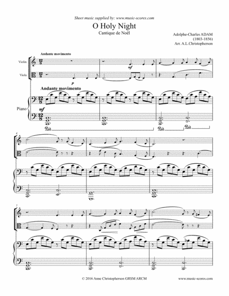 Cantique de Noel; O Holy Night - Violin, Viola and Piano - C Major (arr. Anne L Christopherson GRSM ARCM)