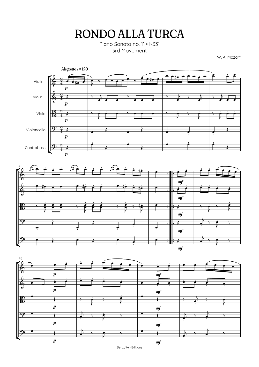 Rondo Alla Turca (Turkish March) |  String Quintet sheet music (arr. Benzaiten Editions)