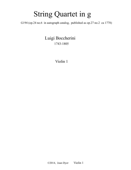 String Quartet in g minor, G.194, first violin (arr. Joan Dyer)