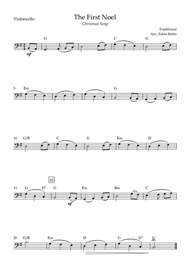 The First Noel (Christmas Song) for Cello Solo with Chords (arr. Fabio Britto)