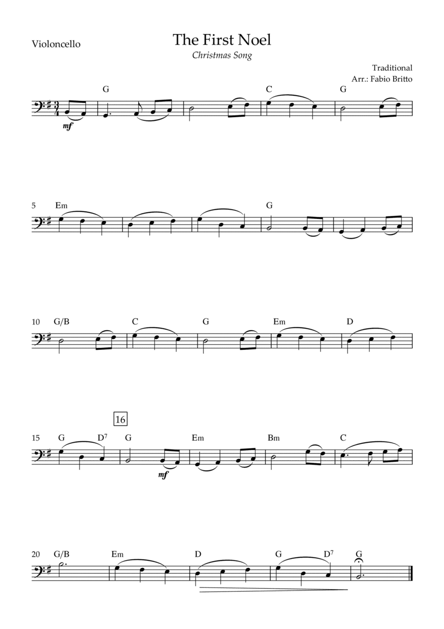 The First Noel (Christmas Song) for Cello Solo with Chords (arr. Fabio Britto)