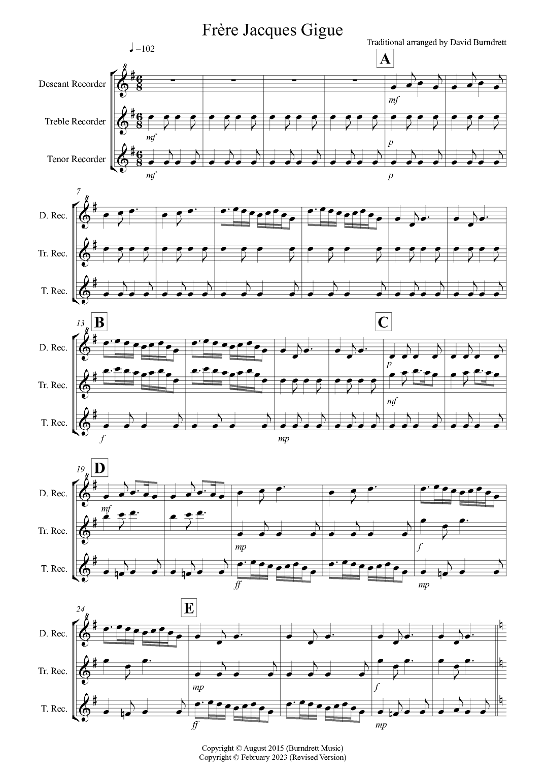 Frere Jacques for Recorder Trio (arr. David Burndrett)