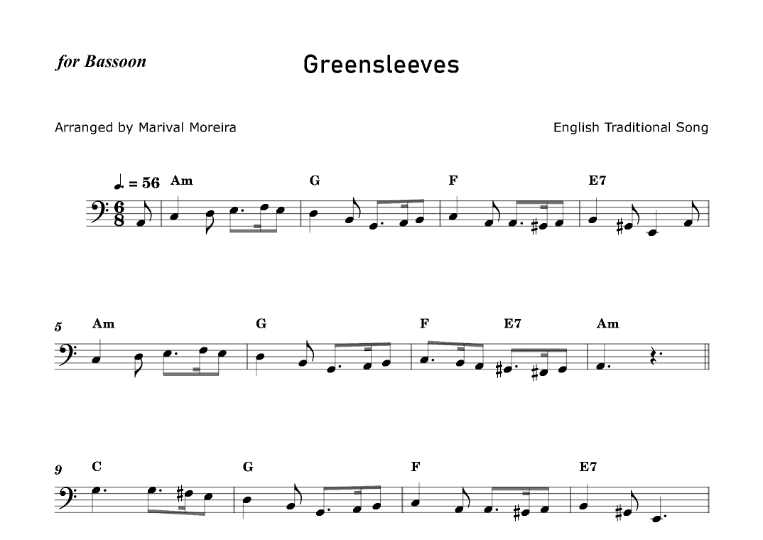 Greensleeves - Bassoon solo (with chords) (arr. Marival Moreira)