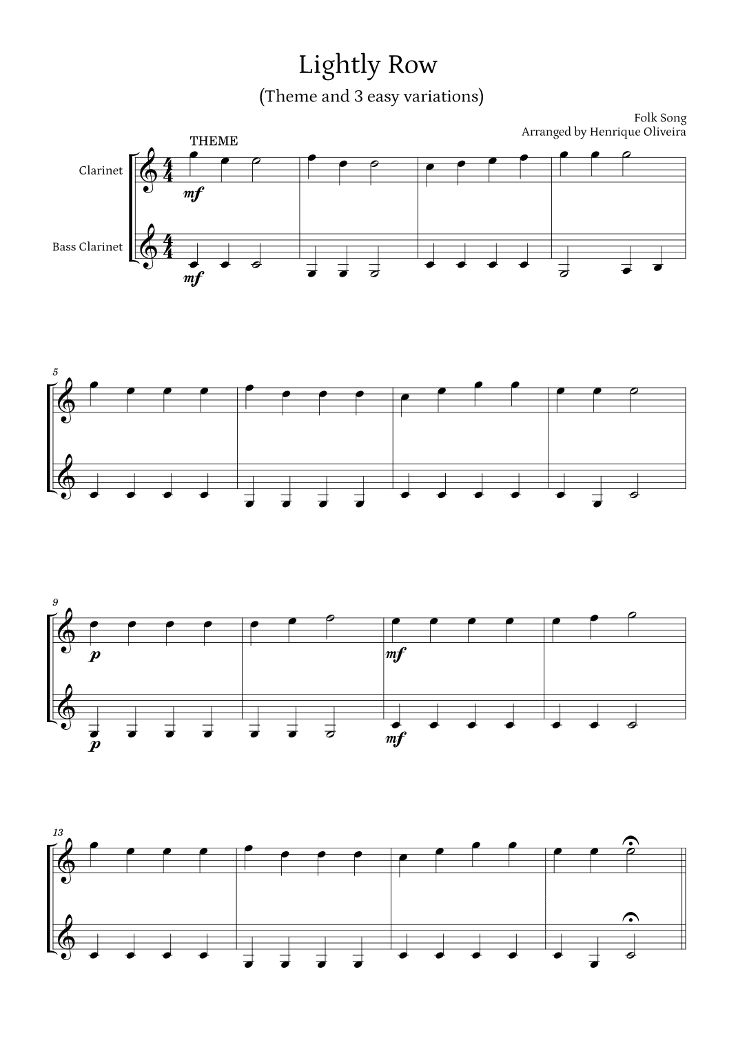 Lightly Row (Theme with 3 Easy Variations) - For Clarinet and Bass Clarinet (arr. Henrique Oliveira)