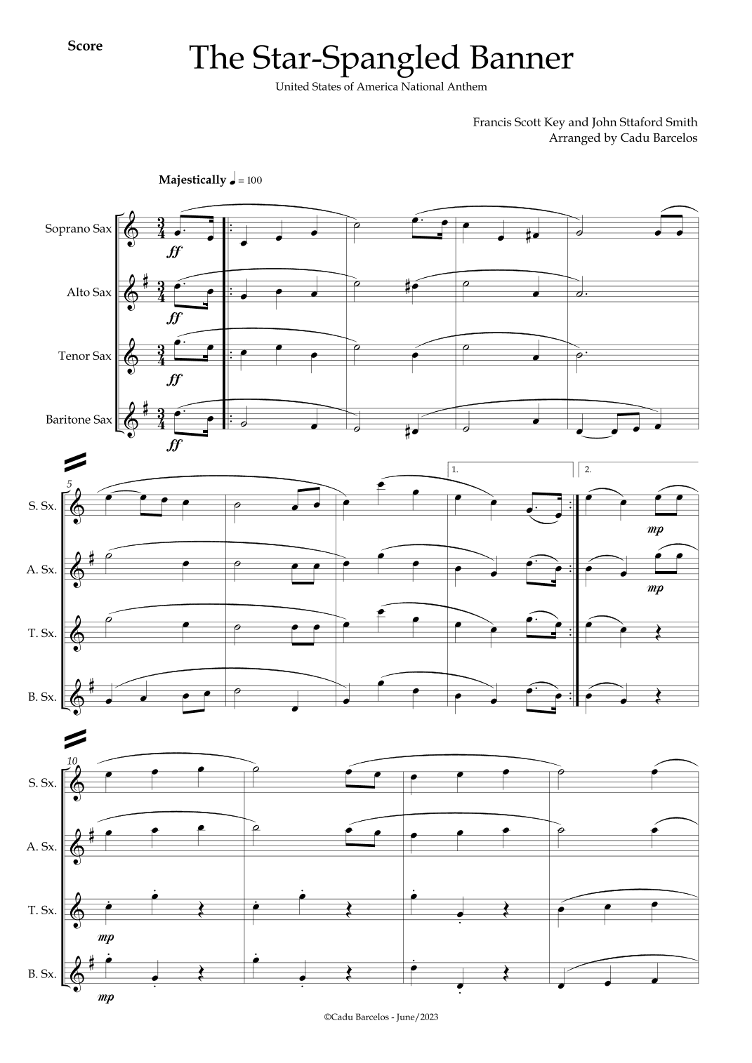 The Star-Spangled Banner - EUA Hymn (Sax Quartet) (arr. Cadu Barcelos)