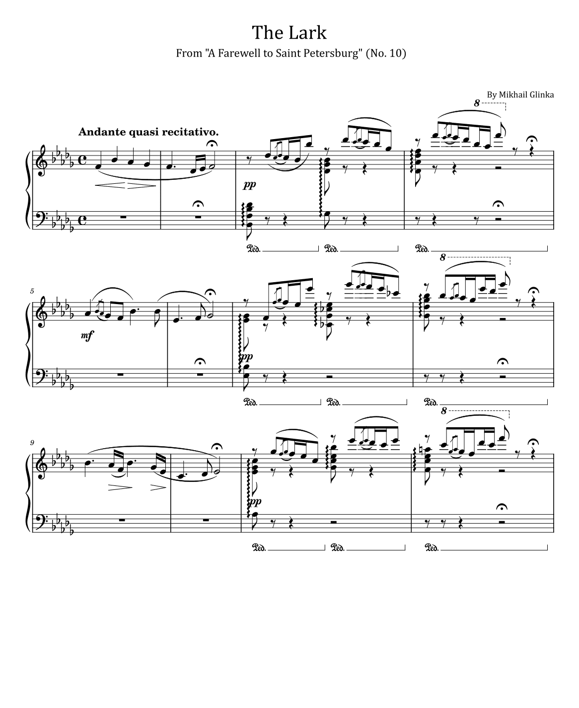 Glinka - The Lark - from "A Farewell to Saint Petersburg" (No. 10) - For Piano Solo Original (arr. poon)
