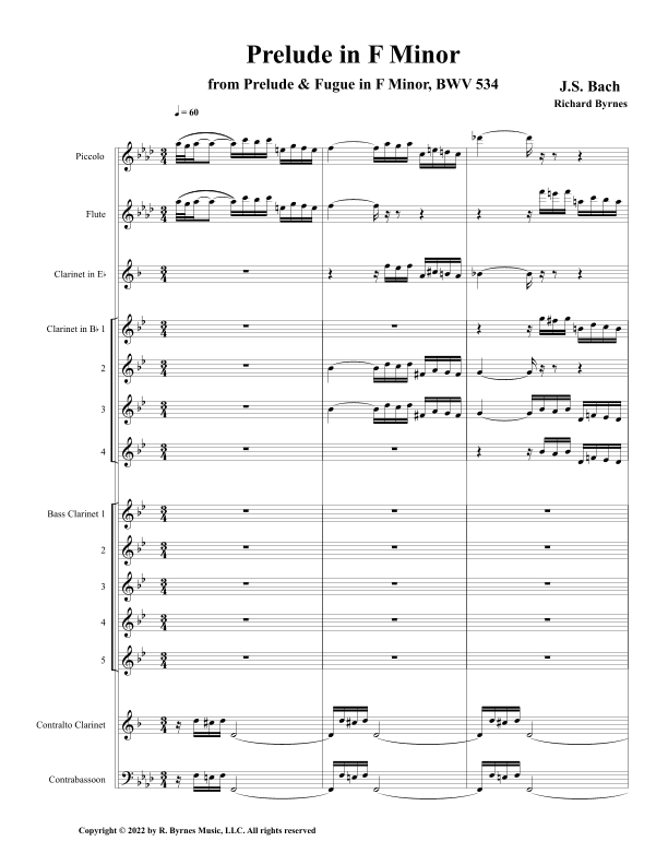 Prelude in F Minor, BWV 534 (Clarinet Choir + Piccolo, Flute & Contrabassoon) (arr. Richard Byrnes)