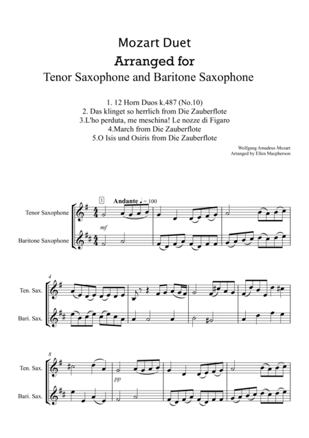 Mozart Duet arranged for Tenor Saxophone and Baritone Saxophone (arr. Ellen Macpherson)