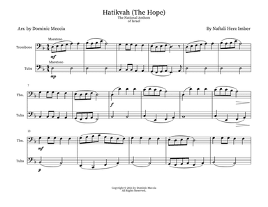 Hatikvah (The Hope) The National Anthem of Israel- Tromobone and Tuba Duet (arr. Dominic Meccia)