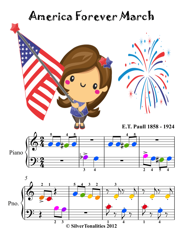 America Forever March Beginner Piano Sheet Music with Colored Notes (arr. SilverTonalities)
