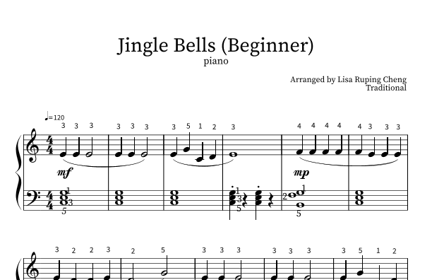 Jingle Bells (Beginner Piano) (arr. Lisa Ruping Cheng)