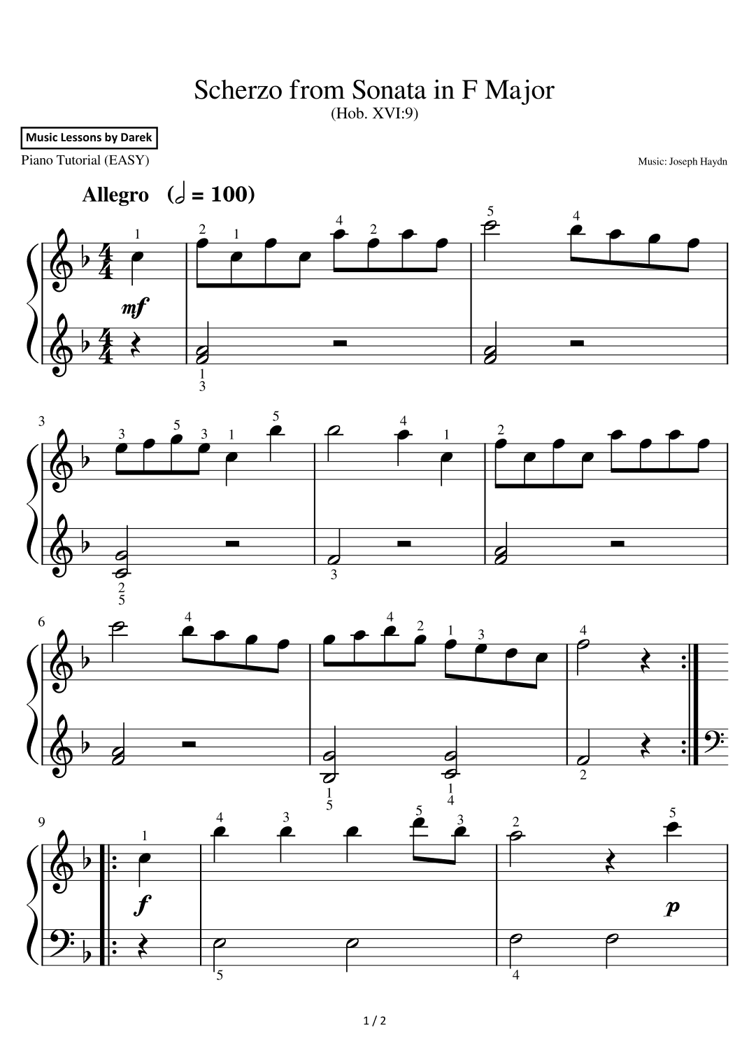 Scherzo from Sonata in F Major (EASY PIANO) (Hob. XVI:9) [Joseph Haydn] (arr. Darek)