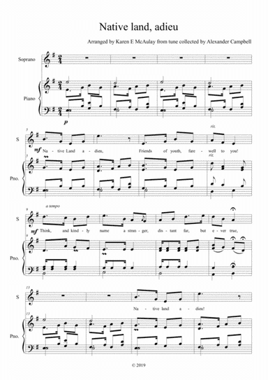 Native Land, Adieu - Scottish song for soprano and piano (arr. Karen E McAulay (piano))