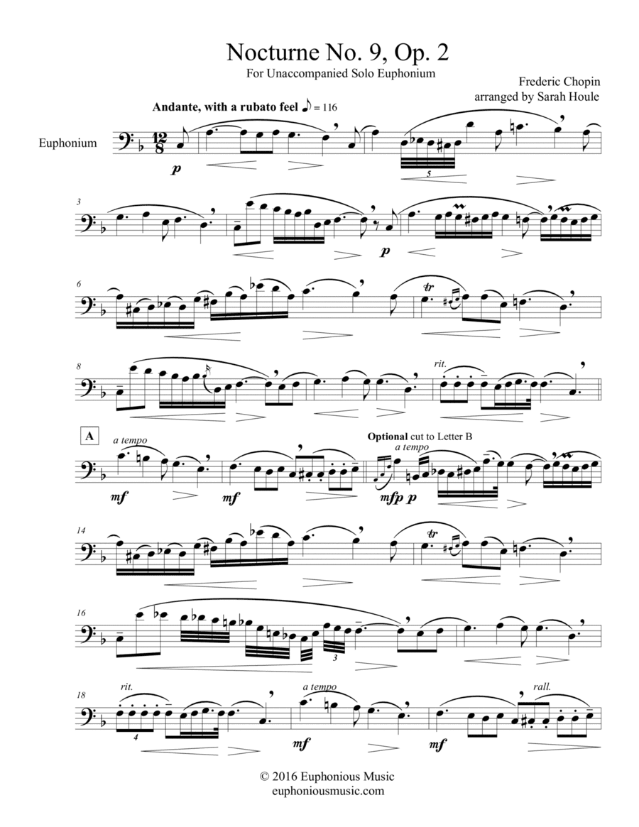Nocturne Op. 9, No. 2 for Solo Unaccompanied Euphonium (arr. Sarah Houle)