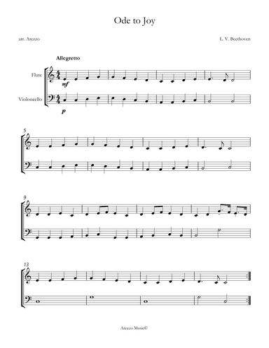 ode to joy flute and cello sheet music in c - for beginners (arr. Arezzo Music)
