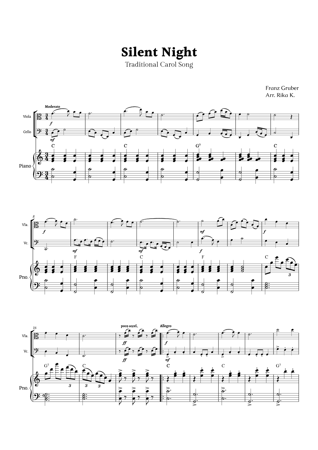 Silent Night for Viola and Cello Duet with Piano (arr. Rika K.)