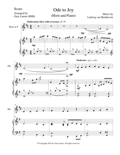 ODE TO JOY (French Horn Piano and Horn Part) Joyful, Joyful, We Adore Thee (arr. Gary Lanier)