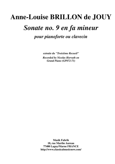 Anne-Louise Brillon de Jouy: Sonata no. 9 in f minor for piano or harpsichord (arr. Musik Fabrik Music Publishing)