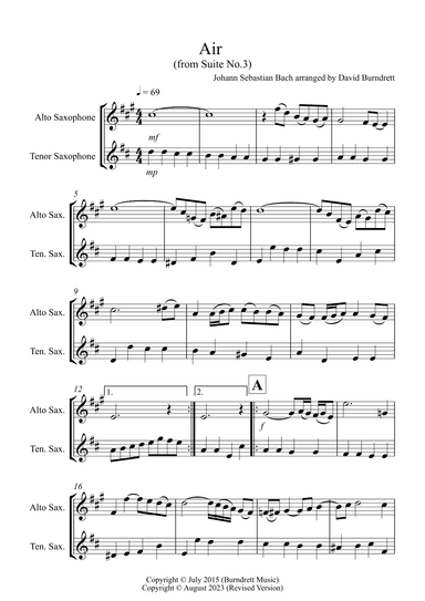 Air on a G String for Alto and Tenor Saxophone Duet (arr. David Burndrett)