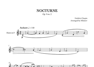 Chopin Nocturne op. 9 no. 2 | Horn in F | B-flat Major | Easy beginner (arr. Milanov)