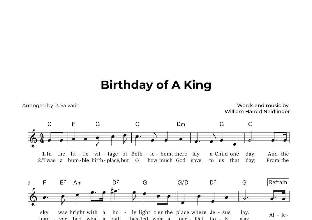 Birthday of A King (Key of C Major) (arr. R. Salvario)