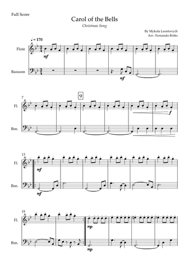 Carol of the Bells in Jazz Version (Christmas Song) for Flute & Bassoon Saxophone Duo (arr. Fabio Britto)