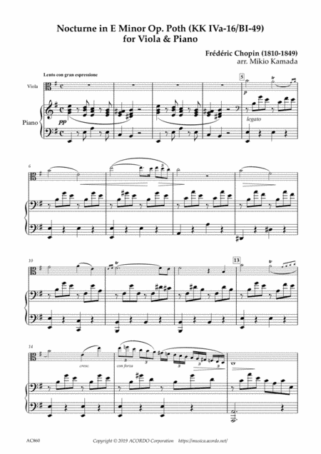 Nocturne in E Minor Op. Poth for Viola & Piano (arr. Kamada, Mikio)