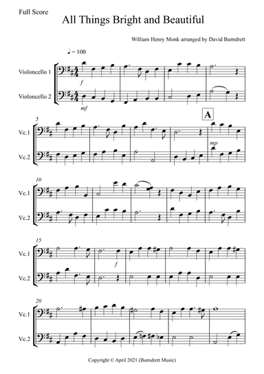 All Things Bright and Beautiful for Cello Duet (arr. David Burndrett)