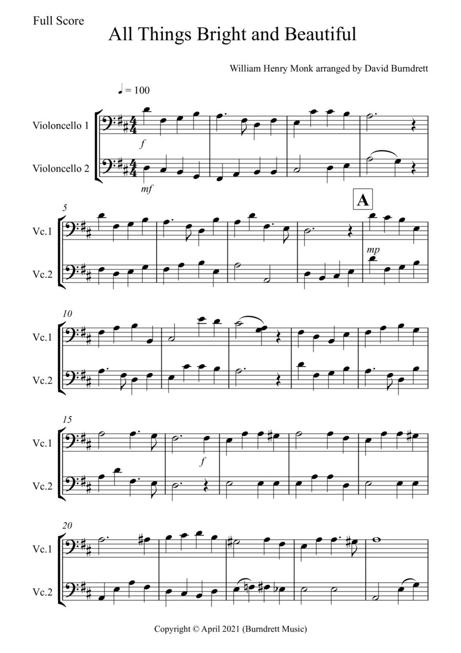 All Things Bright and Beautiful for Cello Duet (arr. David Burndrett)