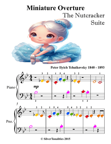 Miniature Overture Nutcracker Beginner Piano Sheet Music with Colored Notation (arr. SilverTonalities)