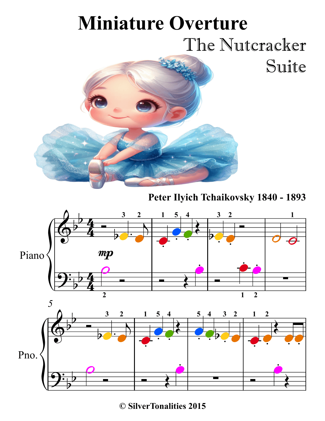 Miniature Overture Nutcracker Beginner Piano Sheet Music with Colored Notation (arr. SilverTonalities)