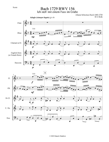 Bach 1729 BWV 156 Adagio for Woodwind Quintet Parts and Score (arr. R G Roth)