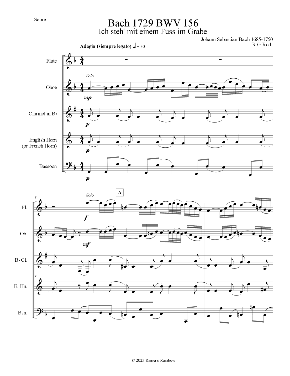 Bach 1729 BWV 156 Adagio for Woodwind Quintet Parts and Score (arr. R G Roth)