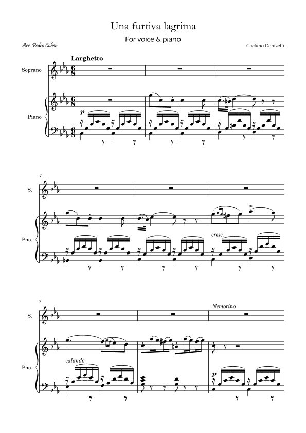 Una Furtiva Lagrima (Soprano in Cm) (arr. Pedro Cohen)