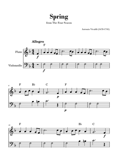 Spring from 'The Four Seasons' by Vivaldi - Easy Flute and Cello Duet with Chords (arr. Gisele Sant'Ana)