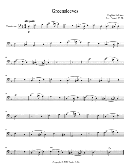 Greensleeves for trombone and piano (arr. Daniel C. M.)
