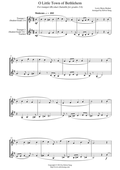 O Little Town of Bethlehem (for trumpet (Bb) duet, suitable for grades 2-6) (arr. Edwin Sung)