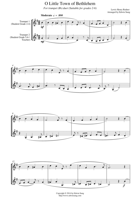 O Little Town of Bethlehem (for trumpet (Bb) duet, suitable for grades 2-6) (arr. Edwin Sung)