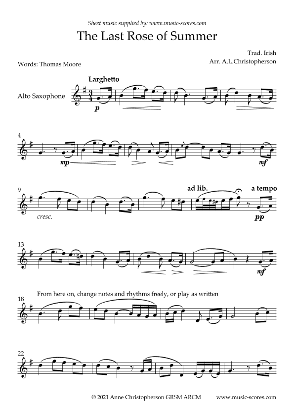 The Last Rose of Summer - Unaccompanied Alto Sax (arr. Anne L Christopherson GRSM ARCM)