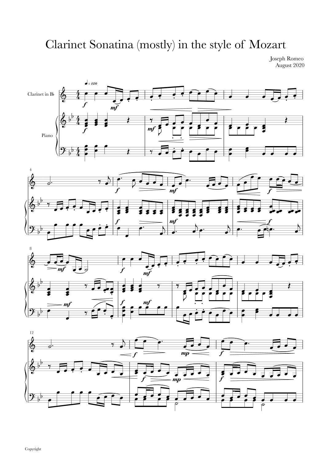 Clarinet Sonatina mostly in the style of Mozart