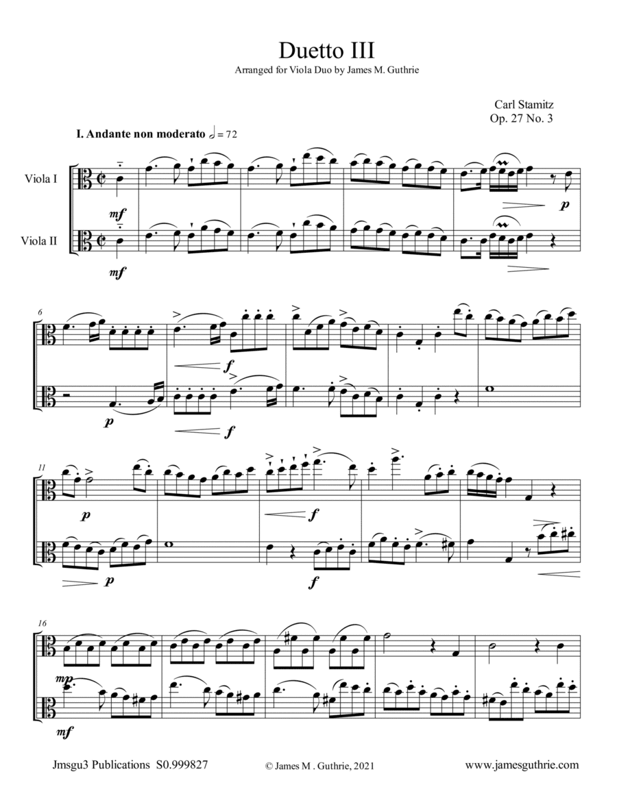 Stamitz: Duet Op. 27 No. 3 for Viola Duo (arr. James M. Guthrie)