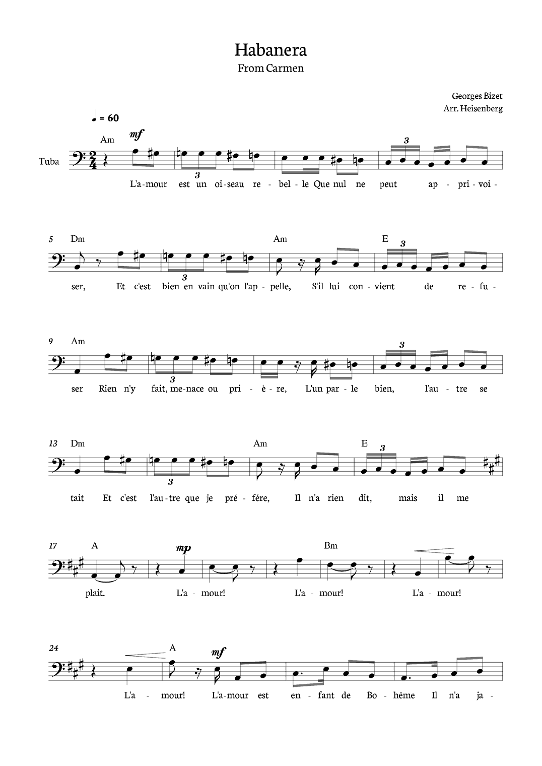 Habanera from Carmen for Tuba with chords (arr. Heisenberg)