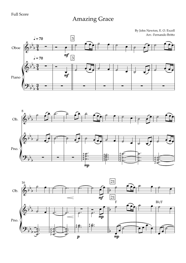 Amazing Grace (John Newton, E. O. Excell) for Oboe Solo and Piano Accompaniment with Chords (arr. Fernando Britto)