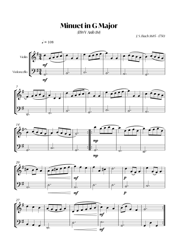 Minuet in G Major (BWV 114) - (J. S. Bach) - For Violin and Cello Duo (arr. André Alberto Santos)