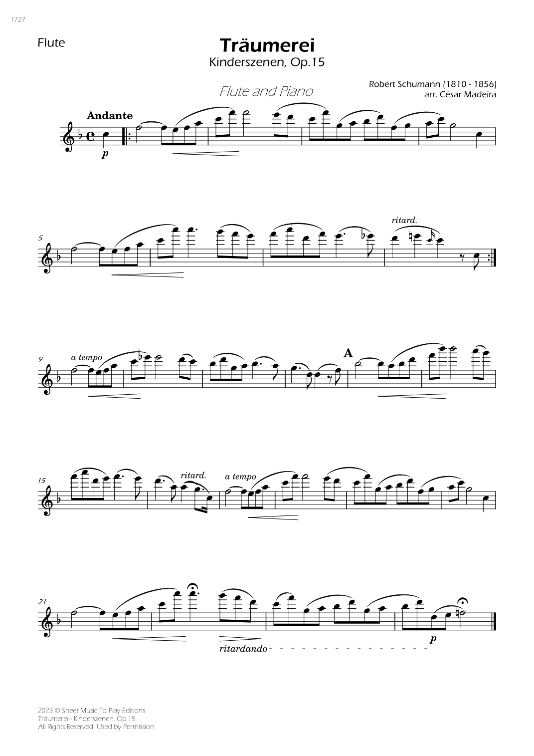 Traumerei by Schumann - Flute and Piano (Individual Parts) (arr. César Madeira)