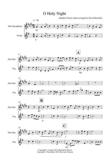 O Holy Night for Alto Saxophone and Violin Duet (arr. David Burndrett)