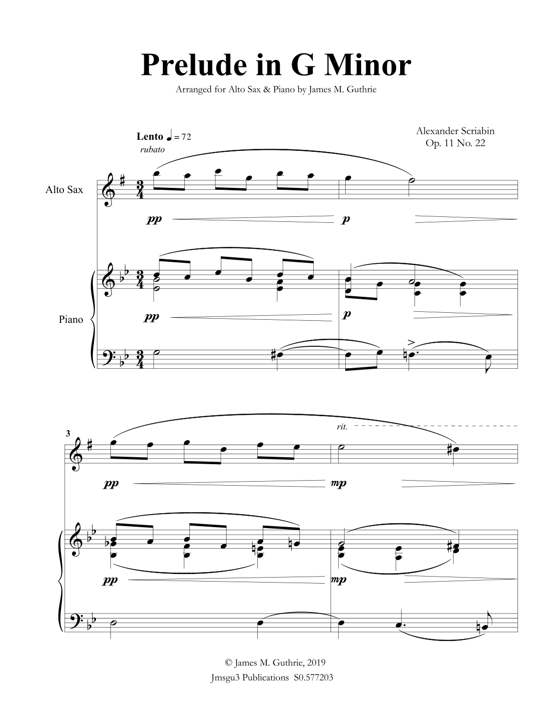 Scriabin: Prelude in G Minor for Alto Sax & Piano (arr. James M. Guthrie)