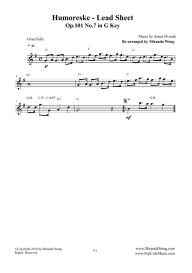 Humoreske Op.101 No.7 - Lead Sheet in G Key (Flute or Oboe Solo) (arr. Miranda Wong)