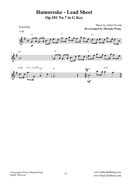 Humoreske Op.101 No.7 - Lead Sheet in G Key (Flute or Oboe Solo) (arr. Miranda Wong)